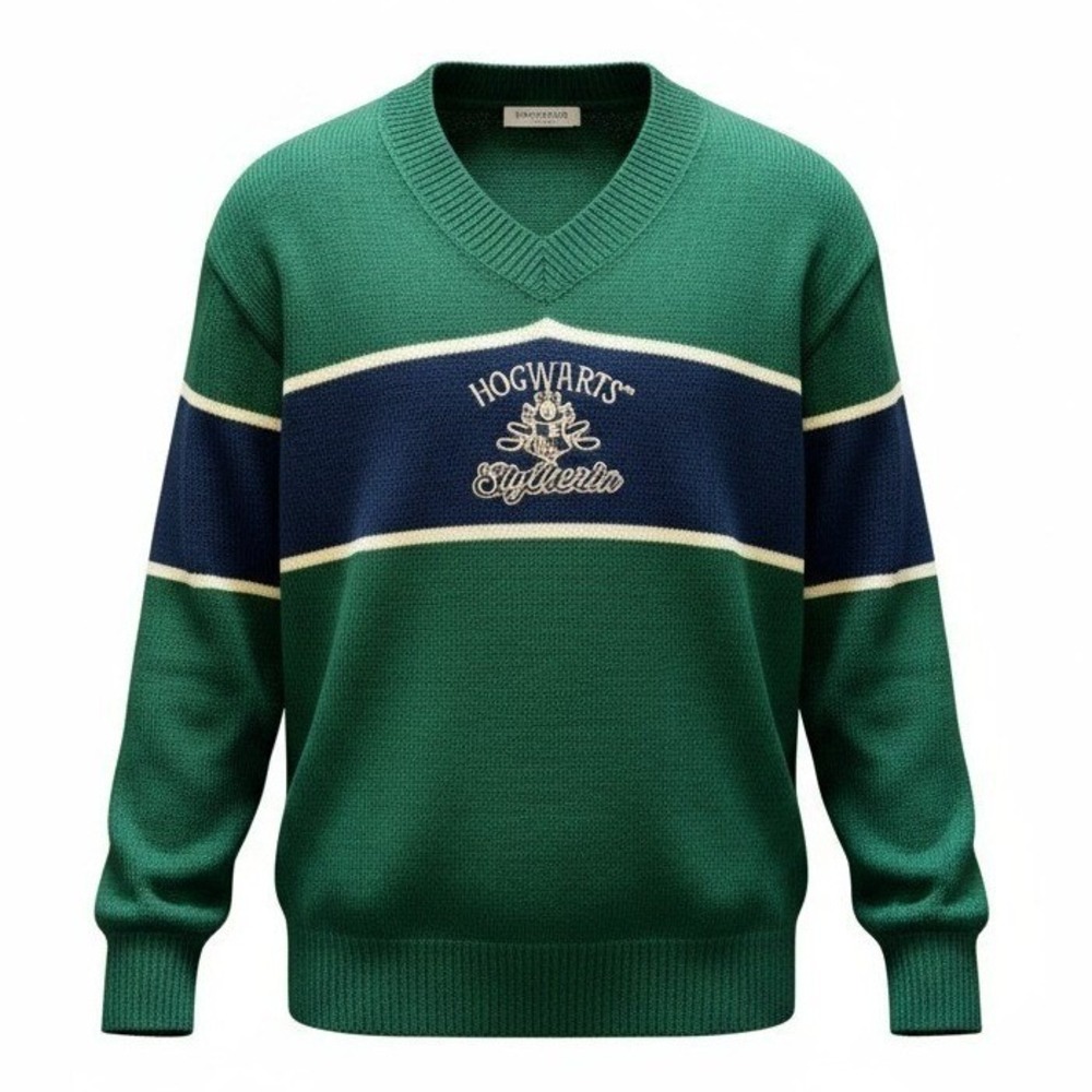 Harry Potter Hogwarts Slytherin Striped V Neck Sweater Green Oversized Preppy